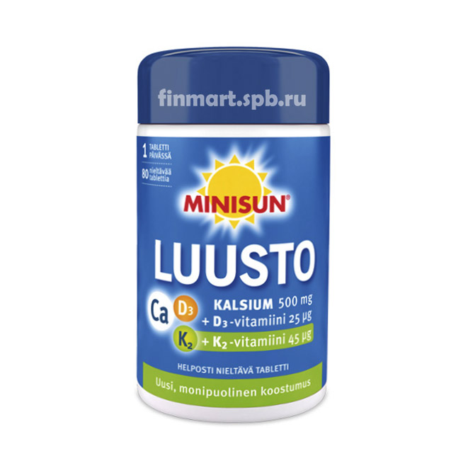 Витамины для костей Minisun Luusto (Кальций, Витамин D3, Витамин К2)  - 80 таб.