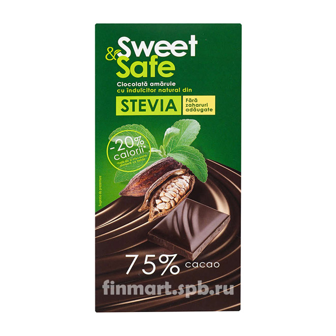 Шоколад со стевией Stevia Dark sweet&safe 75% cocoa - 100 гр.