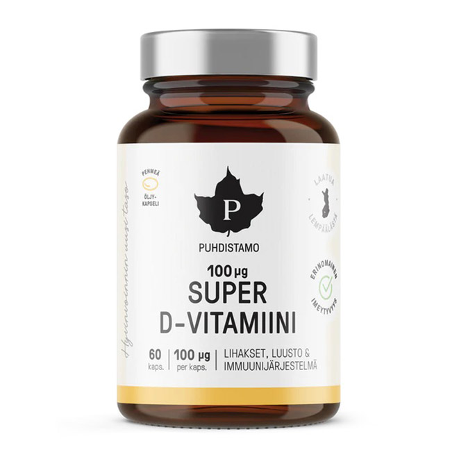 Витамины PВитамины Puhdistamo Super D-vitamiini 100 мкг , 60 капсул.uhdistamo Tripla Sinkki + C (Цинк + Витамин С) - Витамины из Финляндии