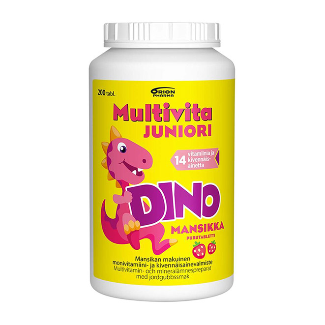 Multivita Juniori Dino mansikka - витаминный комплекс для детей (вкус клубника) , 200 таб.
