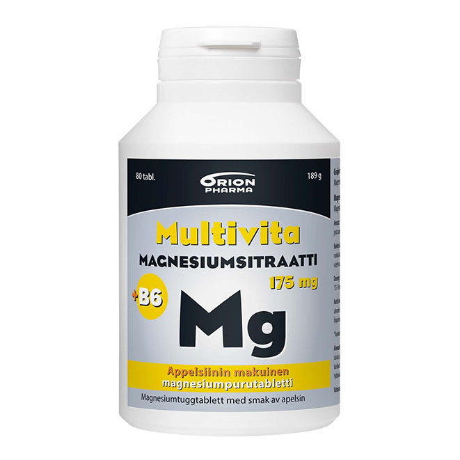 Витамины магния Multivita magnesiumstraatti (175 мг) +B6 (со вкусом апельсин)