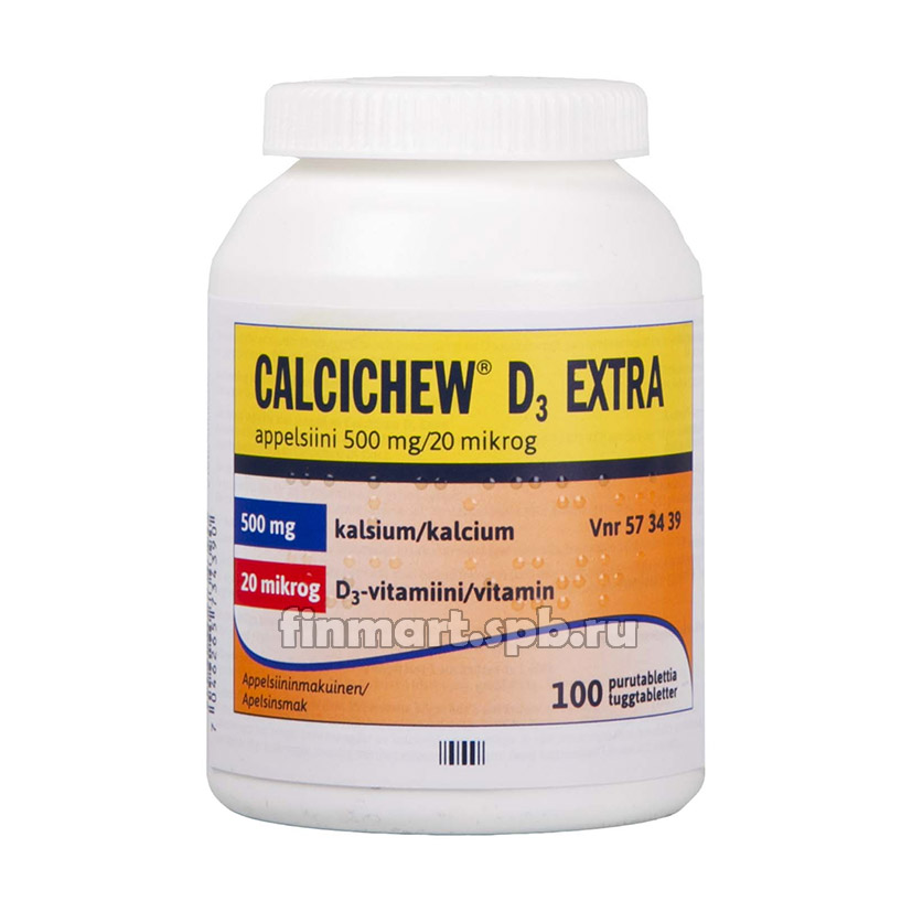 Витамины CalciChew + D3 Extra (Кальций - 500 мг, Витамин Д3 - 20 мкг, вкус апельсин) - 100 таб.